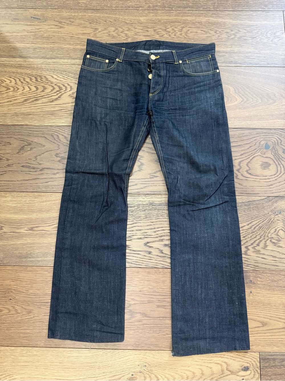 Louis Vuitton Men's Dark Indigo Bootcut Jeans with Gold Hardware